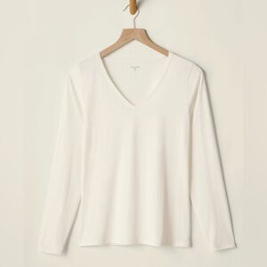 Garnet Hill Essential Women's V-Neck Shirt Long Sleeve Top Tee In Crema Large L